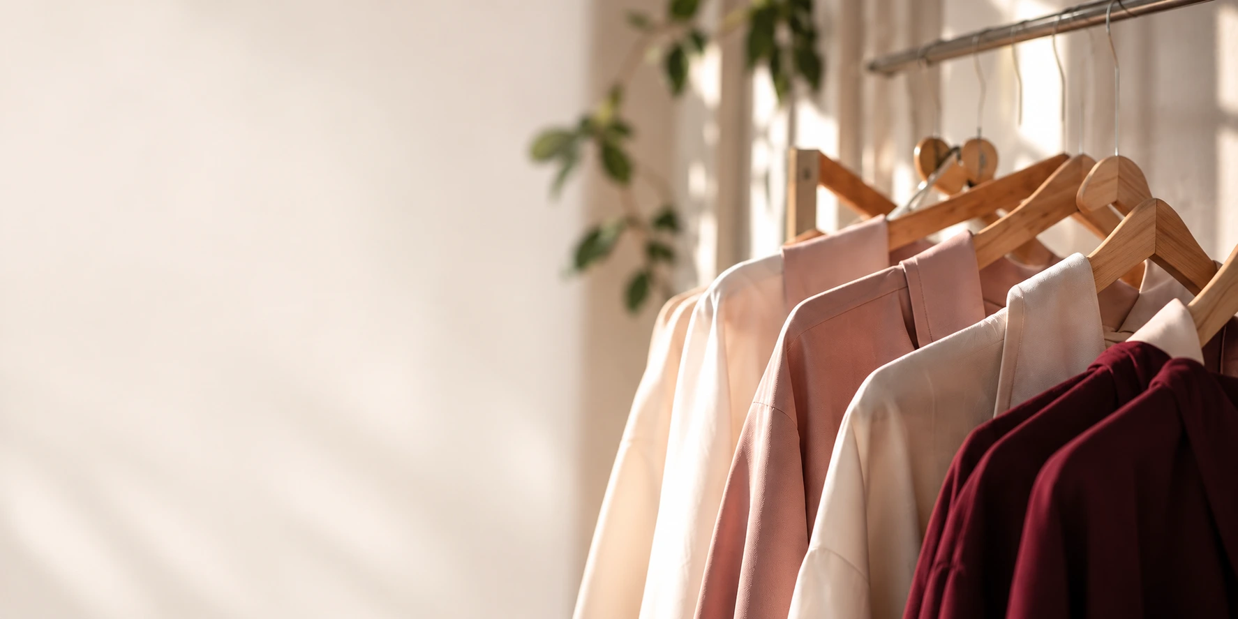 Ivory, blush and burgundy clothing on wooden hangers